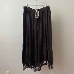 MAMTA Rayon Boho Western Fringe Embroidered Maxi Skirt Plus Size Black
